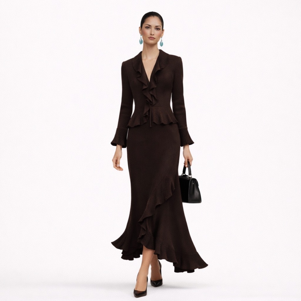 St. John 2 pc ruffle maxi sweater long sleeve bell sleeve Brown Women's Skirt - Picture 1 of 17